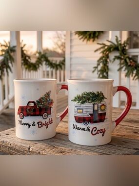 Farmhouse ready Set of 2 Christmas Buffalo Plaid Truck & Camper Ceramic Mugs